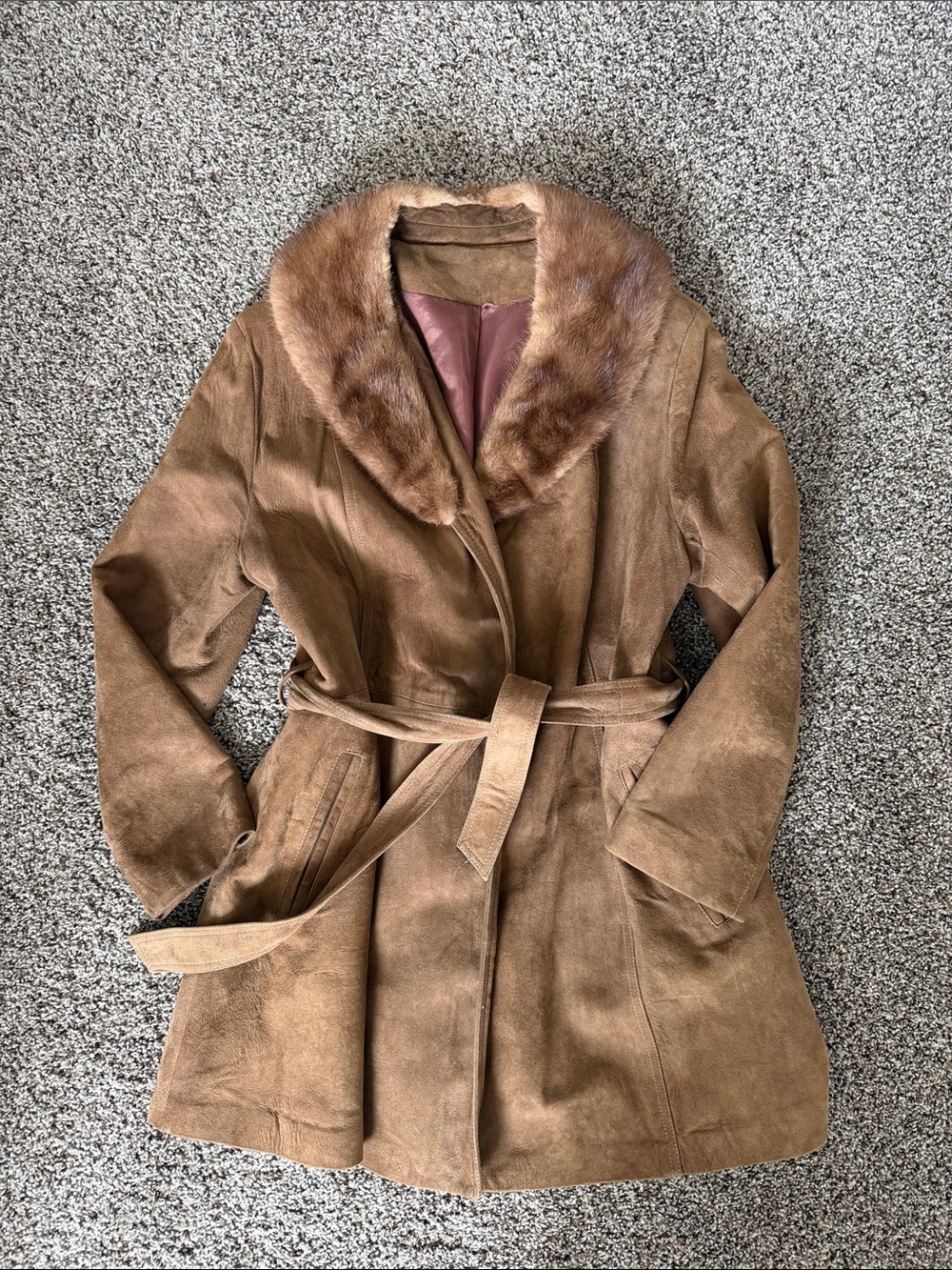 Women's Vintage Brown Suede Coat with Fur Collar
